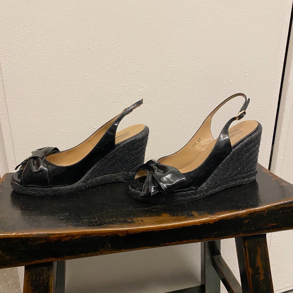 Authentic Valentino Black Patent Leather Espadrille Wedges w/ Bow Sz 37